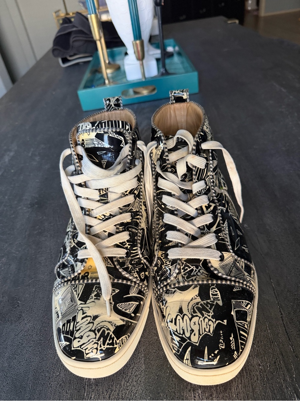 Christian Louboutin Black & White Graphic High-Top Sneakers - Picture 2 of 10